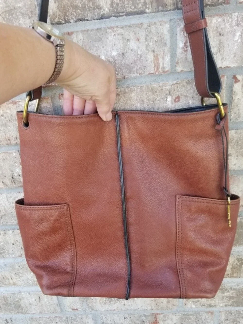 Vtg Fossil BROWN Handbag (14x12x4) Leather Satchel Saddle Bucket Purse